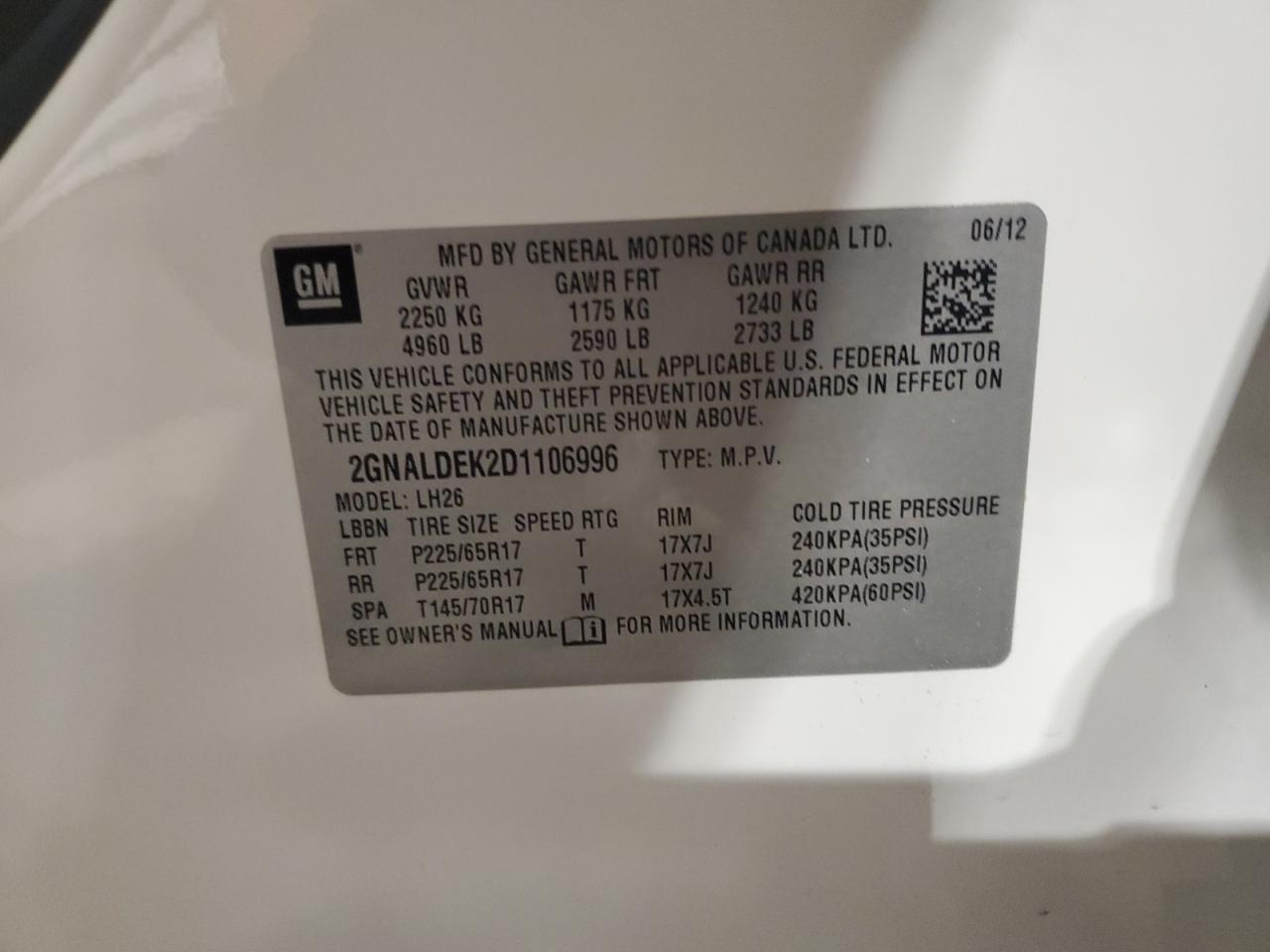 2013 Chevrolet Equinox Lt VIN: 2GNALDEK2D1106996 Lot: 63681944