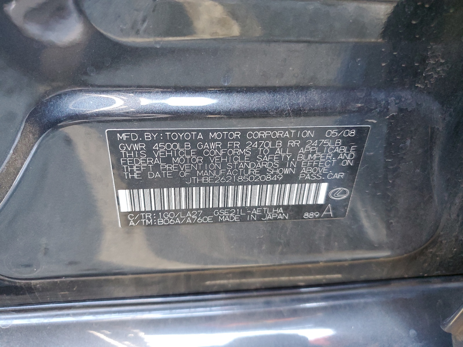 JTHBE262185020849 2008 Lexus Is 350