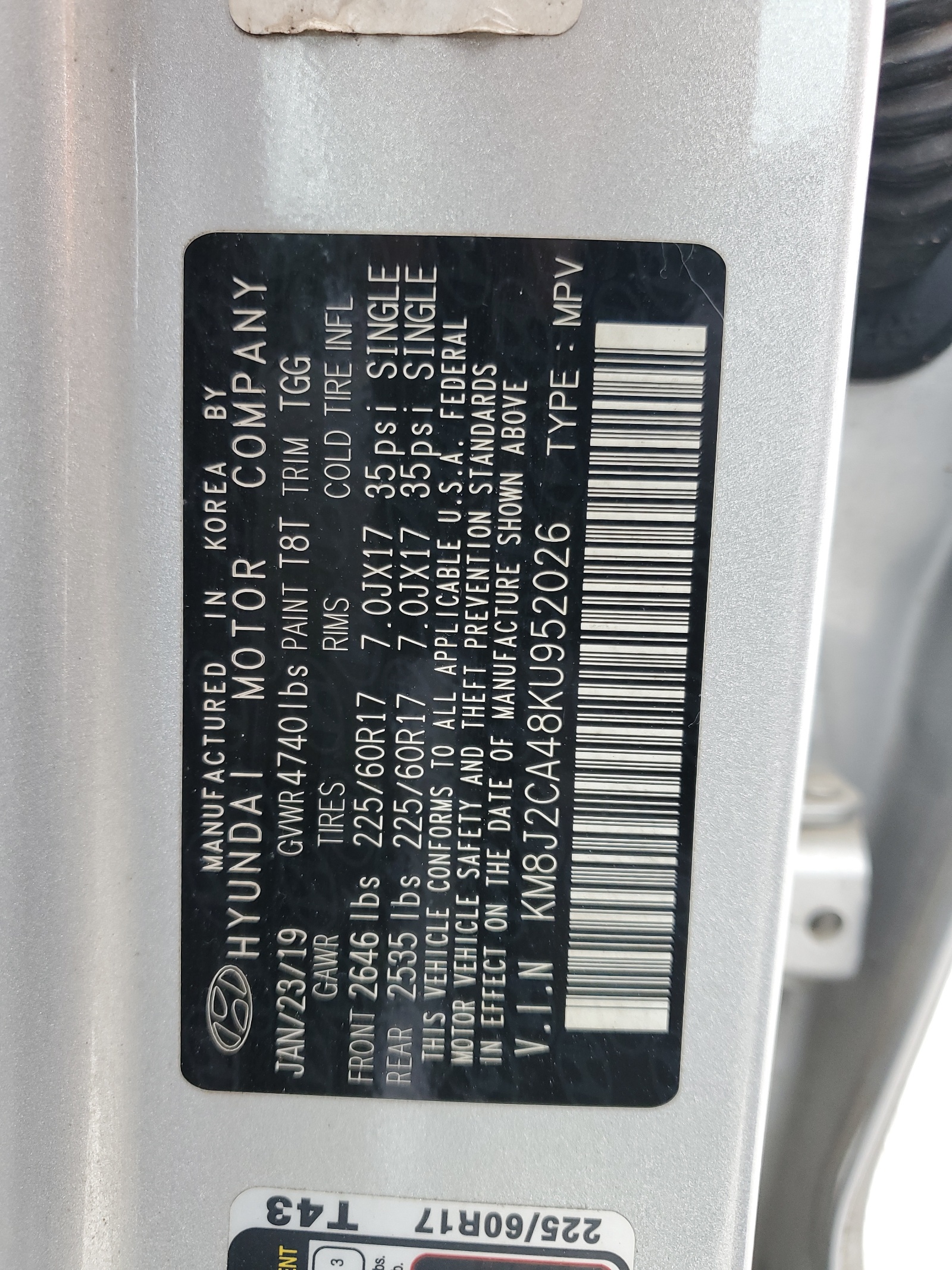 KM8J2CA48KU952026 2019 Hyundai Tucson Se