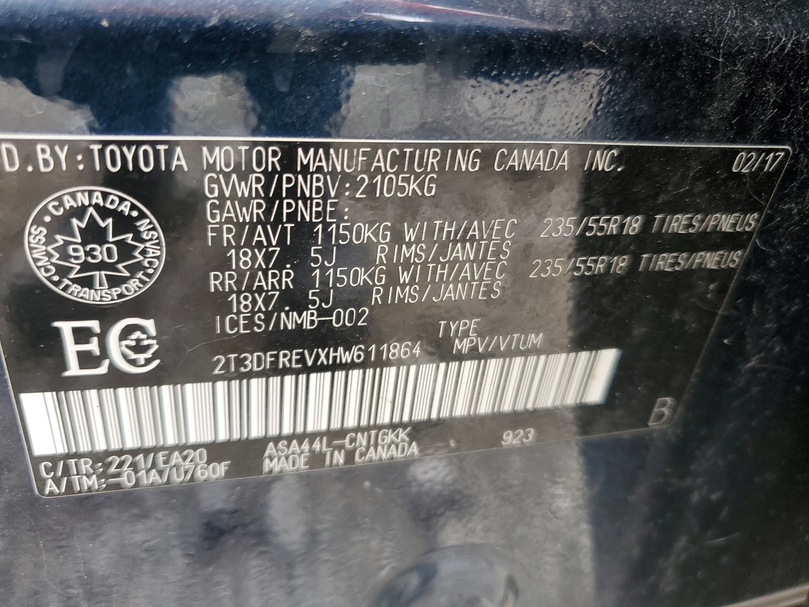 2T3DFREVXHW611864 2017 Toyota Rav4 Limited