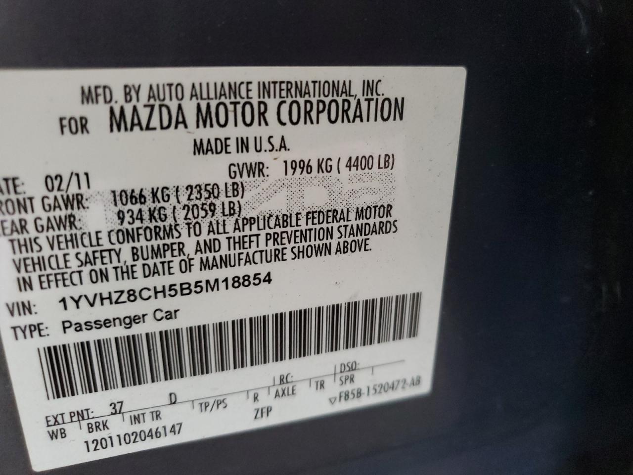 2011 Mazda 6 I VIN: 1YVHZ8CH5B5M18854 Lot: 62440664