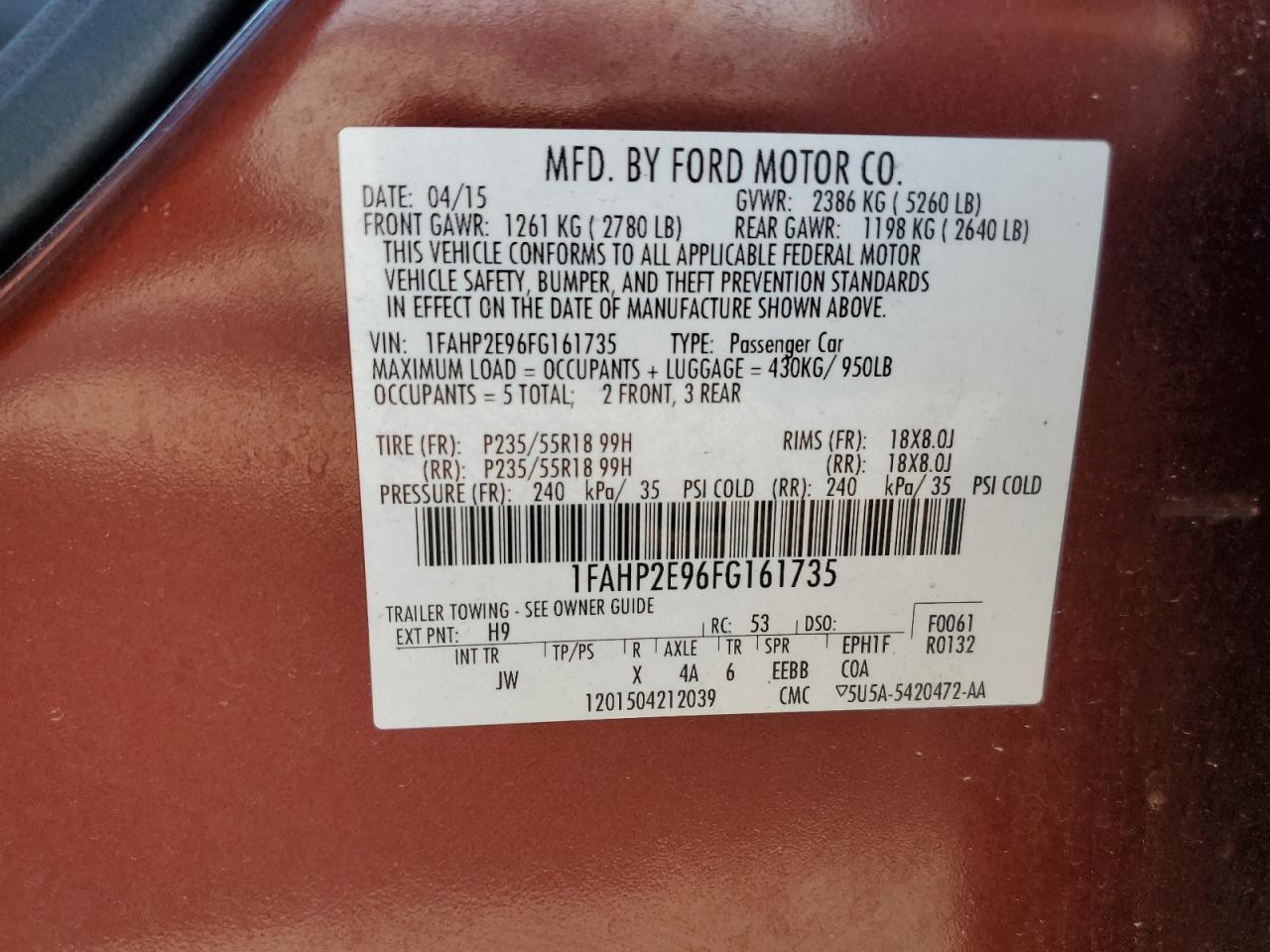 1FAHP2E96FG161735 2015 Ford Taurus Sel