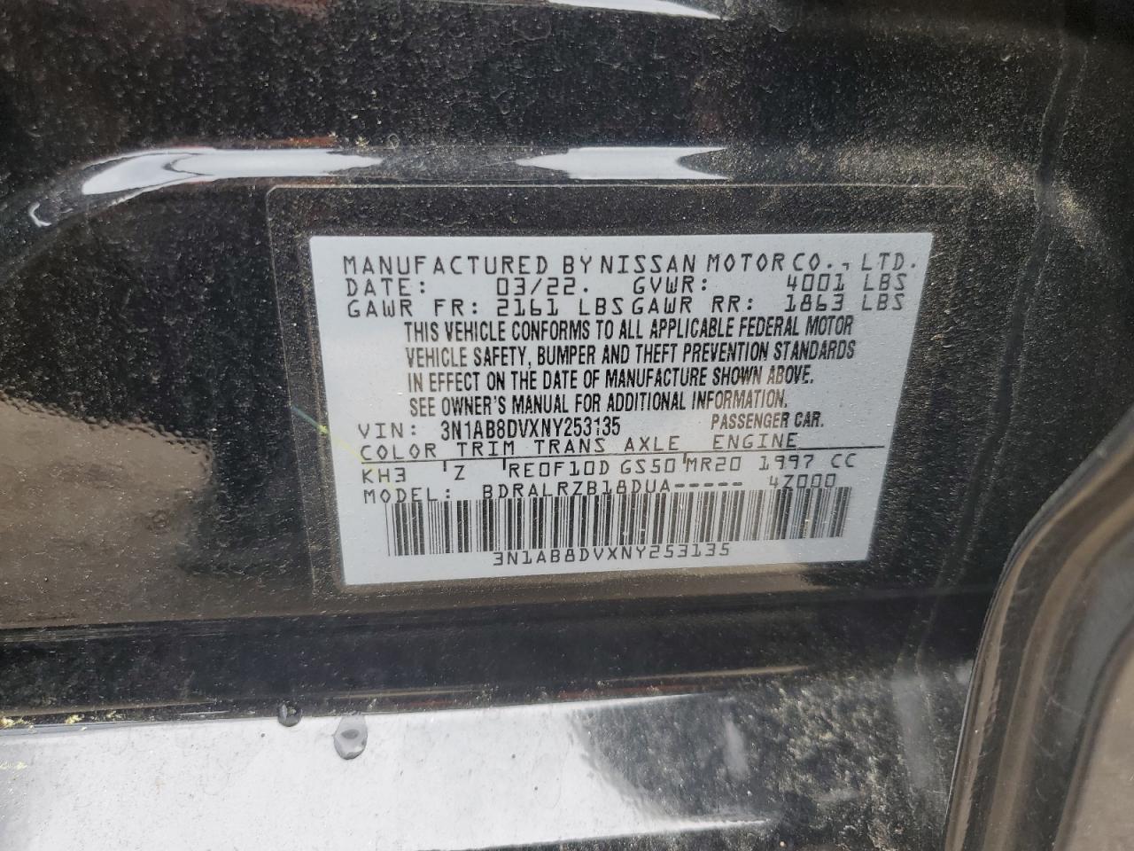 2022 Nissan Sentra Sr VIN: 3N1AB8DVXNY253135 Lot: 63832224