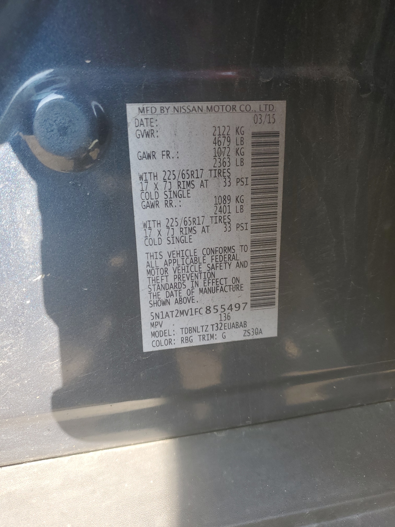 5N1AT2MV1FC855497 2015 Nissan Rogue S