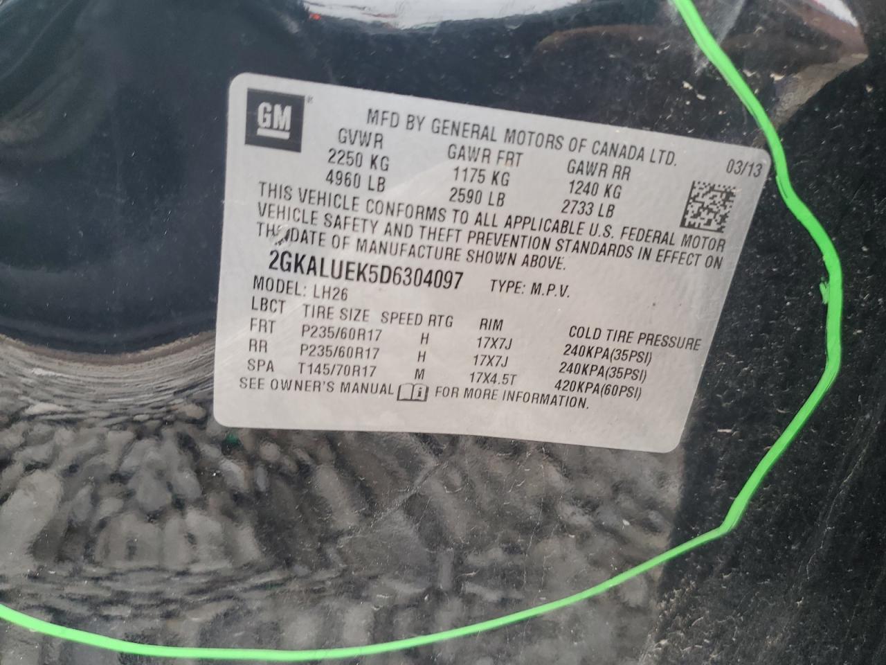 2013 GMC Terrain Slt VIN: 2GKALUEK5D6304097 Lot: 63207904