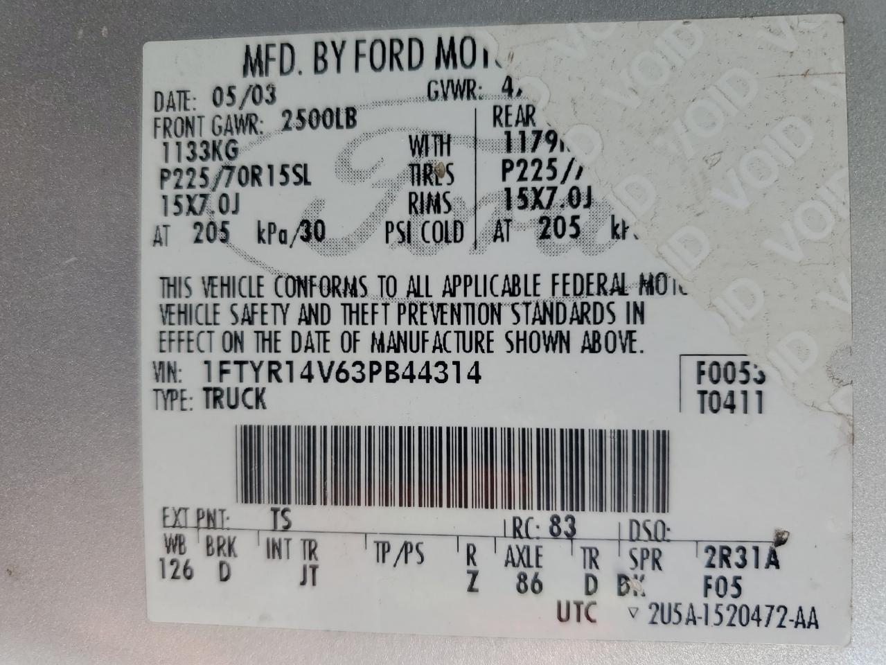 2003 Ford Ranger Super Cab VIN: 1FTYR14V63PB44314 Lot: 61679274
