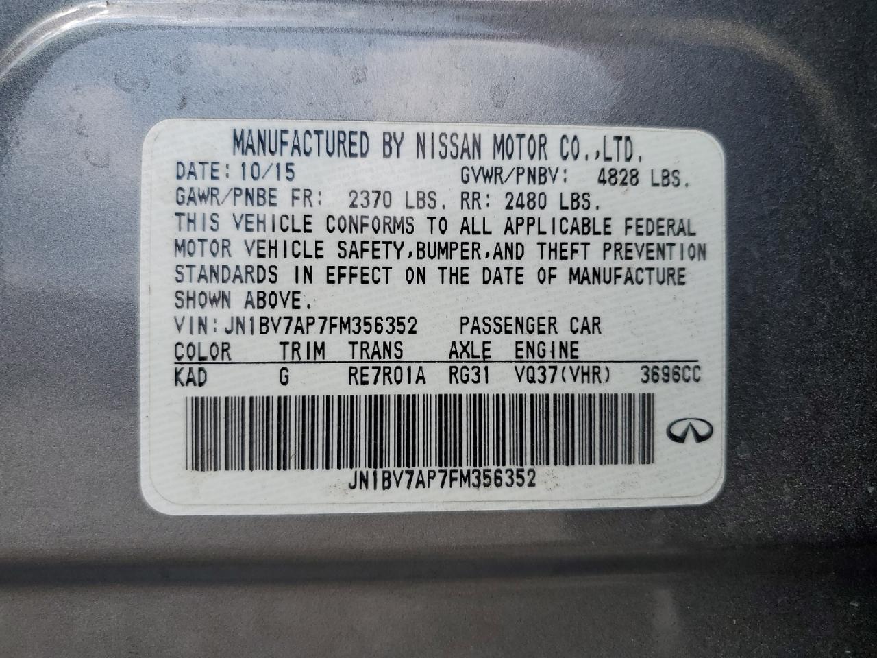 2015 Infiniti Q50 Base VIN: JN1BV7AP7FM356352 Lot: 61886774