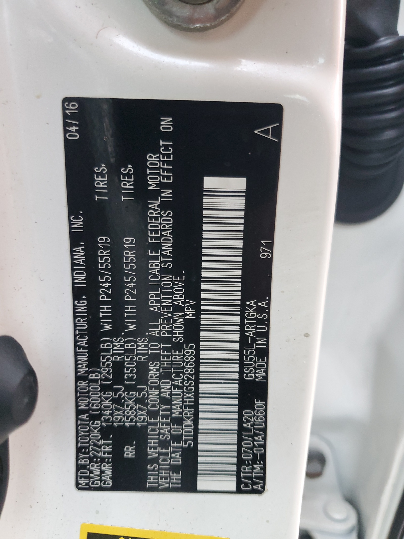 5TDDKRFHXGS286895 2016 Toyota Highlander Limited