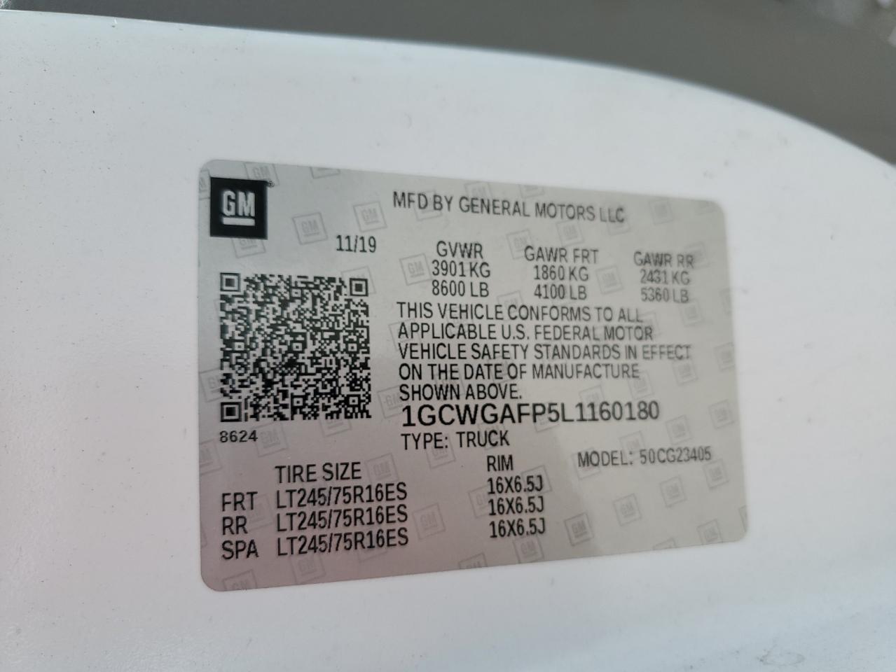 2020 Chevrolet Express G2500 VIN: 1GCWGAFP5L1160180 Lot: 62293164