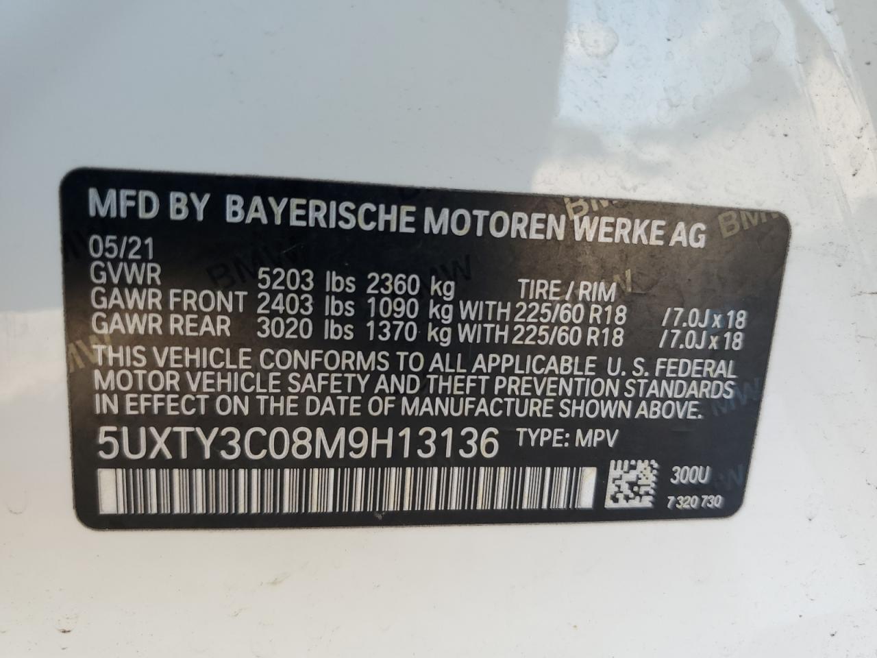 2021 BMW X3 Sdrive30I VIN: 5UXTY3C08M9H13136 Lot: 62226204
