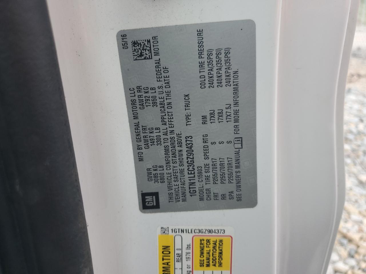 2016 GMC Sierra C1500 VIN: 1GTN1LEC3GZ904373 Lot: 62890614