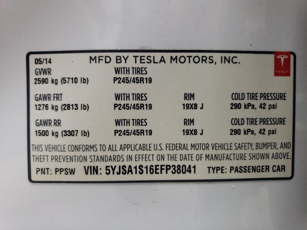 2014 Tesla Model S VIN: 5YJSA1S16EFP38041 Lot: 63654414