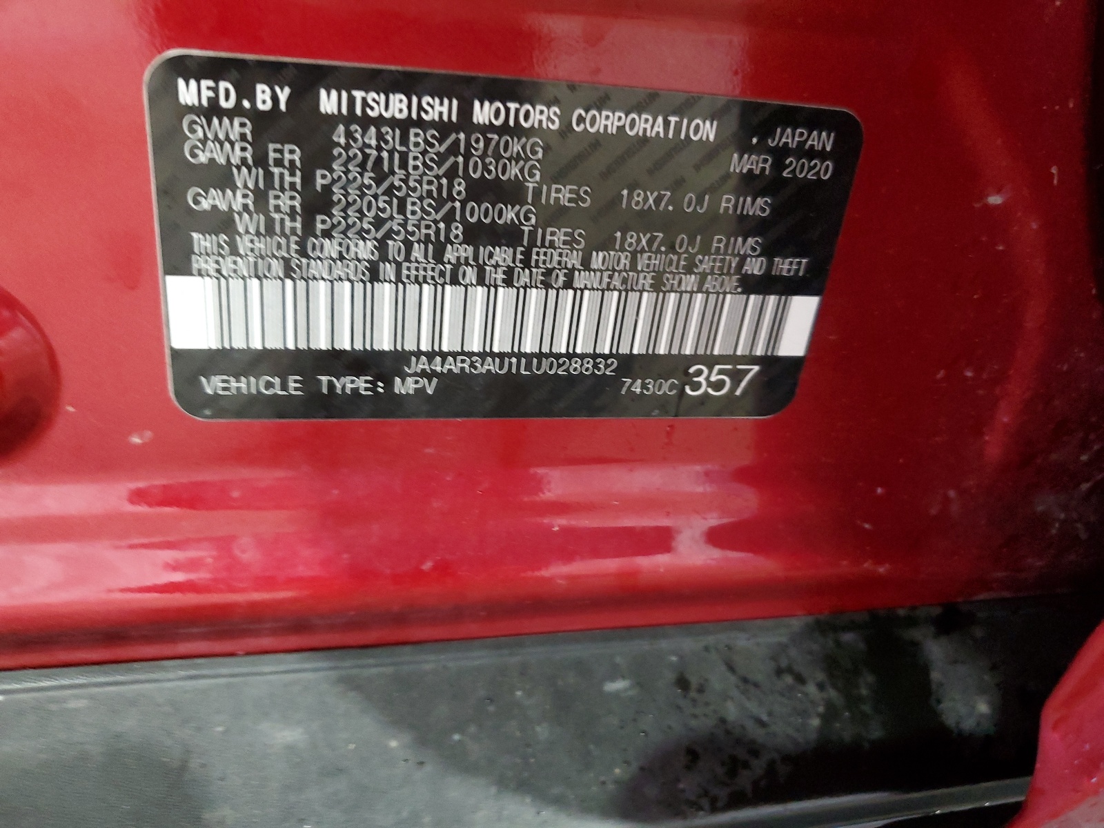 JA4AR3AU1LU028832 2020 Mitsubishi Outlander Sport Es