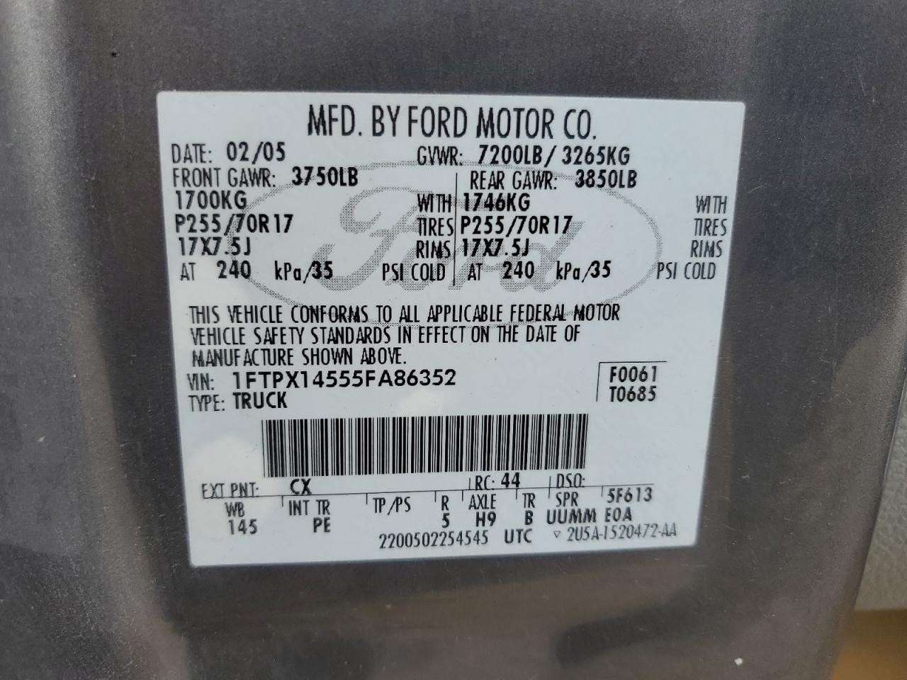 2005 Ford F150 VIN: 1FTPX14555FA86352 Lot: 62986444