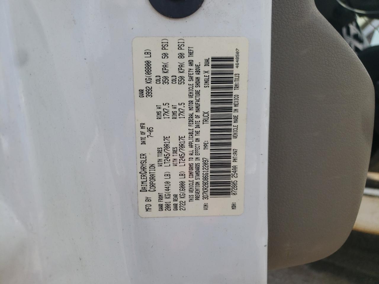 2006 Dodge Ram 2500 St VIN: 3D7KR28D86G122097 Lot: 60456534