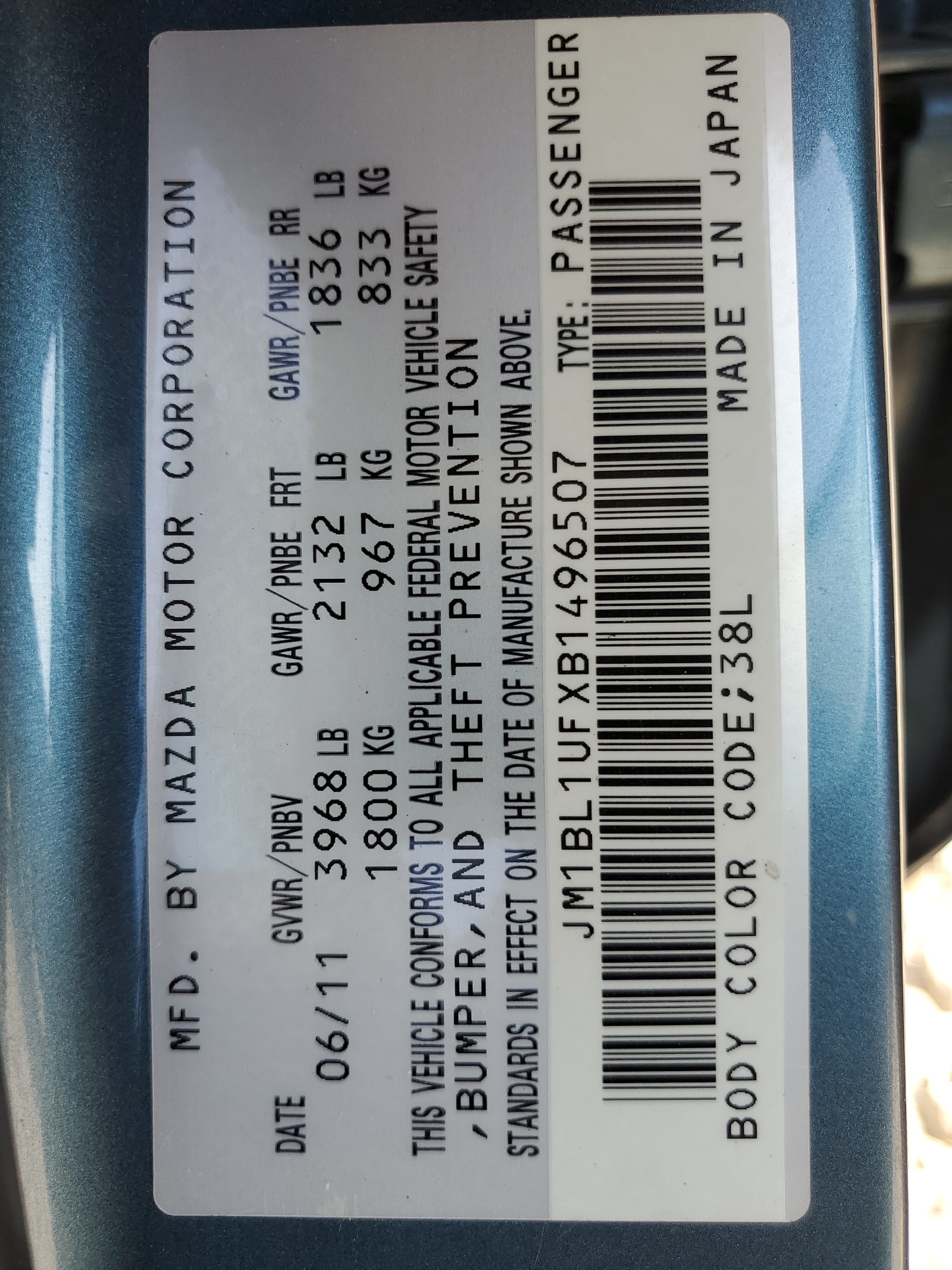 JM1BL1UFXB1496507 2011 Mazda 3 I