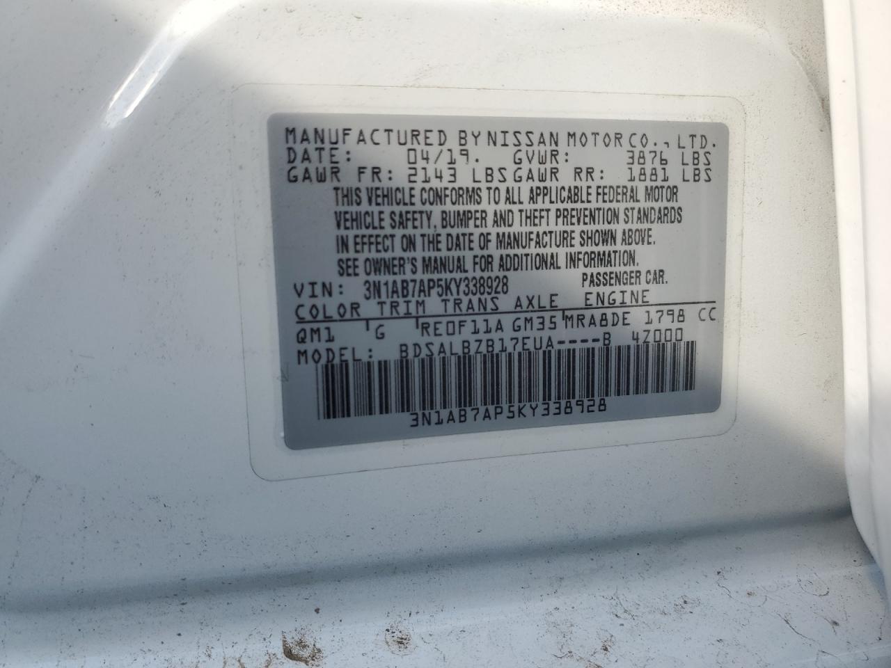 3N1AB7AP5KY338928 2019 Nissan Sentra S