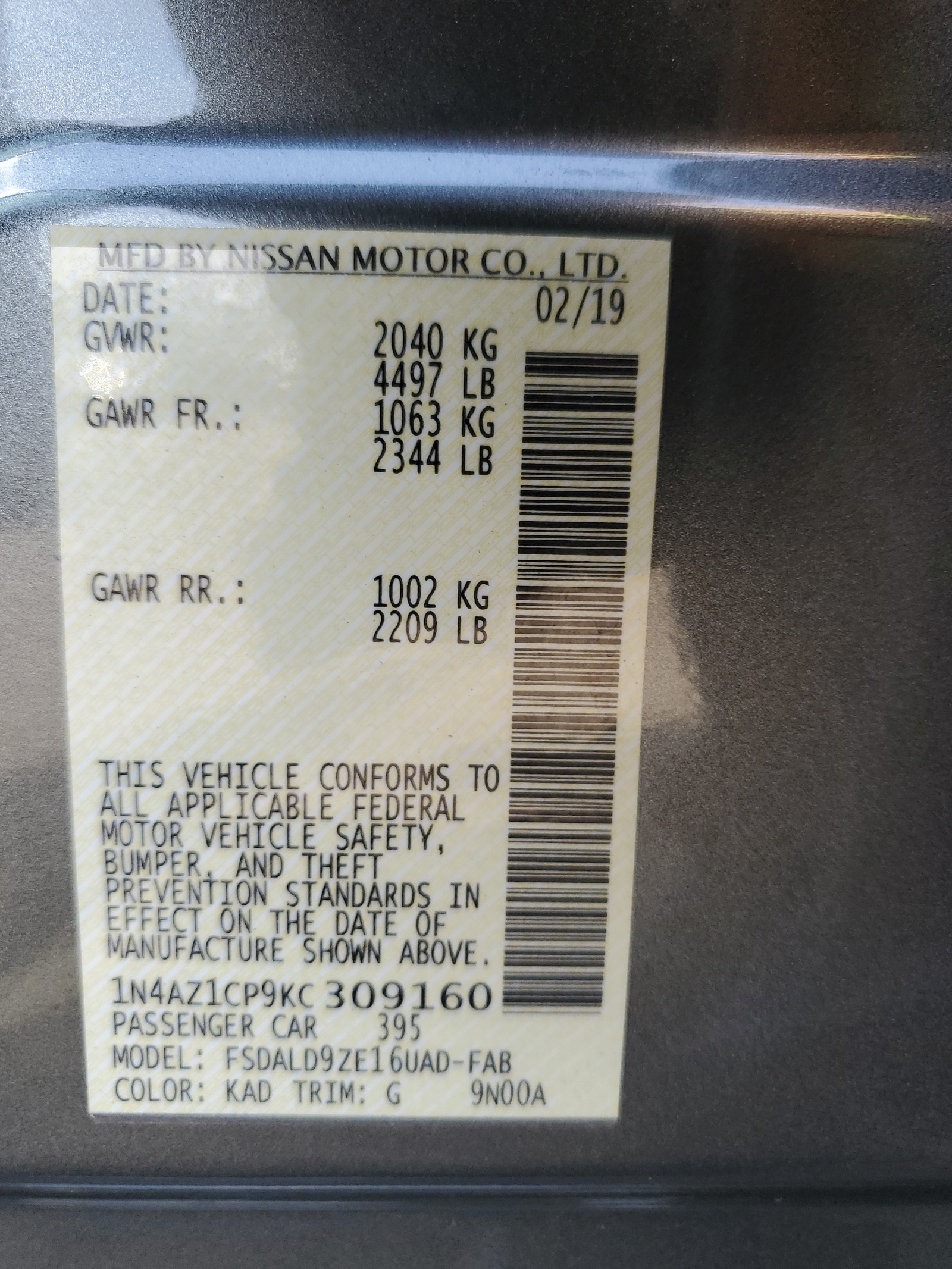 1N4AZ1CP9KC309160 2019 Nissan Leaf S