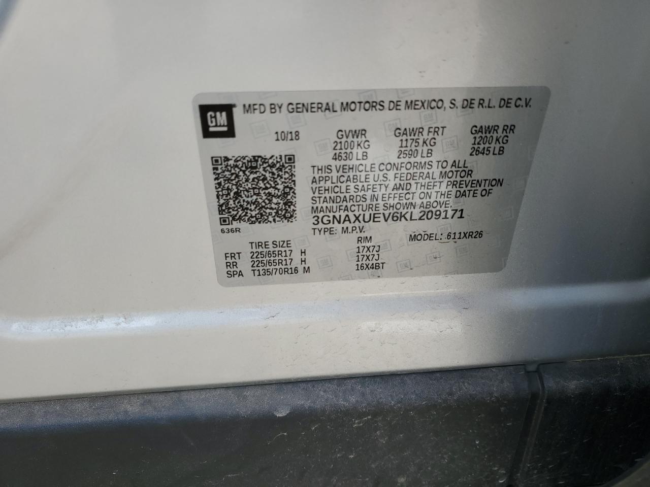 2019 Chevrolet Equinox Lt VIN: 3GNAXUEV6KL209171 Lot: 64094274