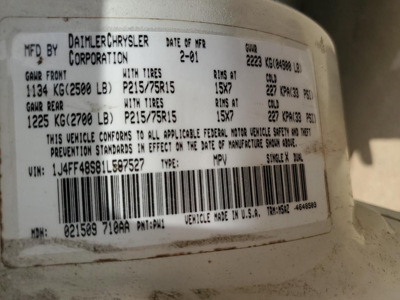 2001 Jeep Cherokee Sport VIN: 1J4FF48S81L597527 Lot: 61162474