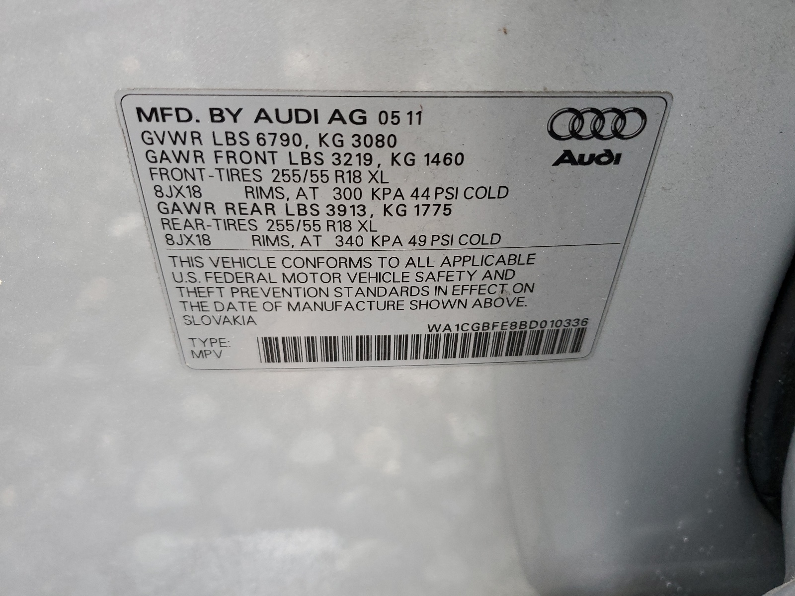 WA1CGBFE8BD010336 2011 Audi Q7 Premium