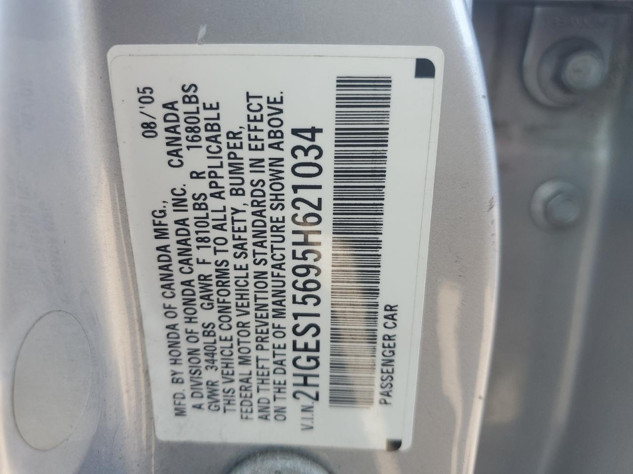 2HGES15695H621034 2005 Honda Civic Lx