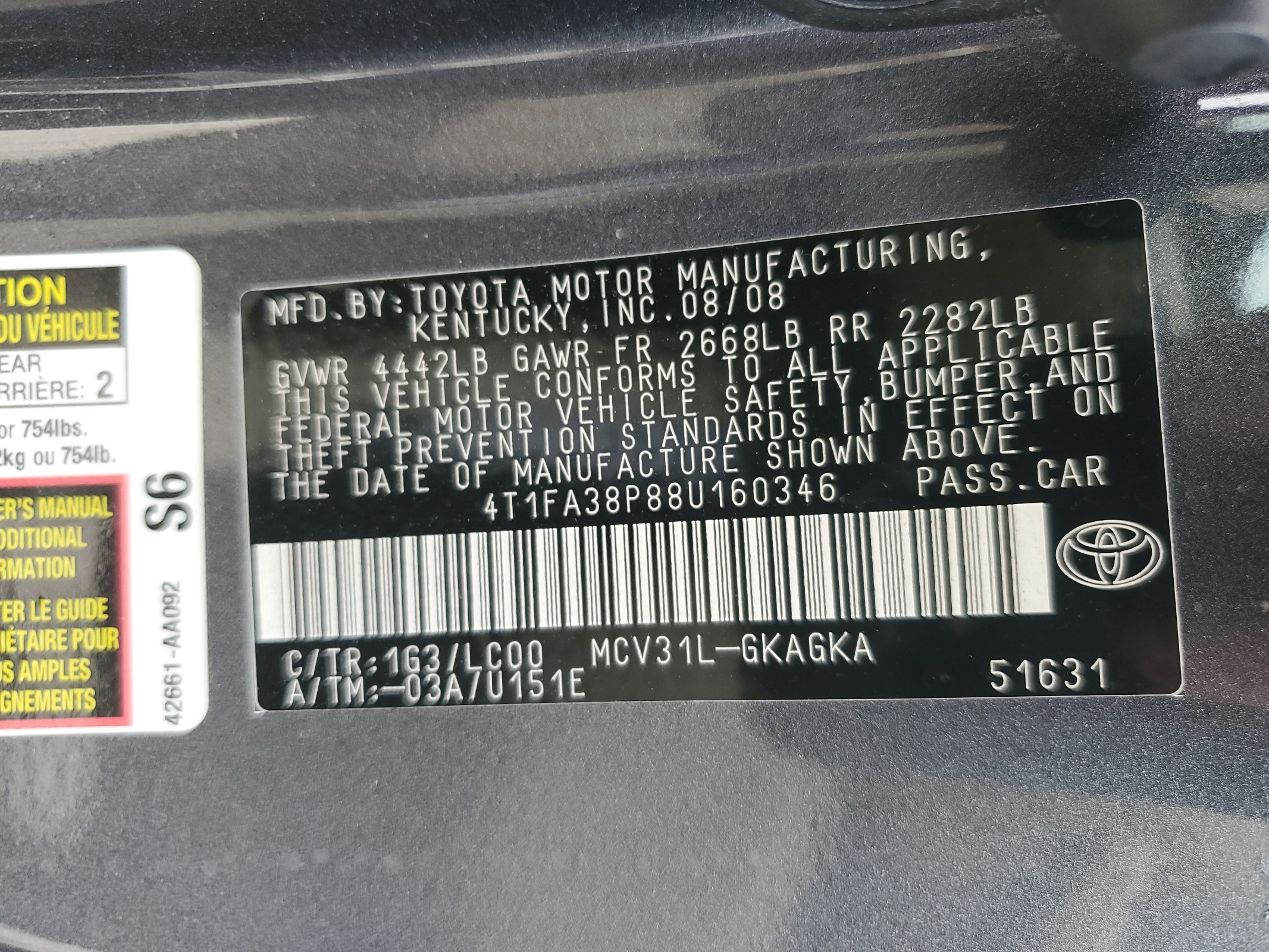 4T1FA38P88U160346 2008 Toyota Camry Solara Se