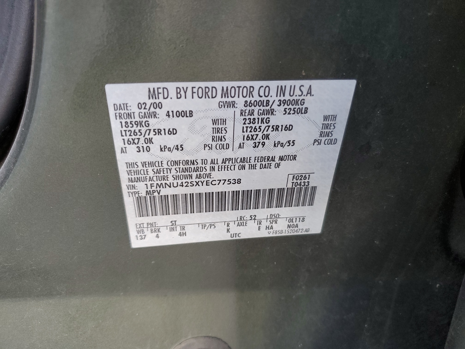 1FMNU42SXYEC77538 2000 Ford Excursion Limited