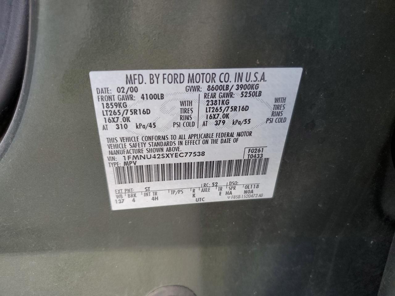 2000 Ford Excursion Limited VIN: 1FMNU42SXYEC77538 Lot: 61512744