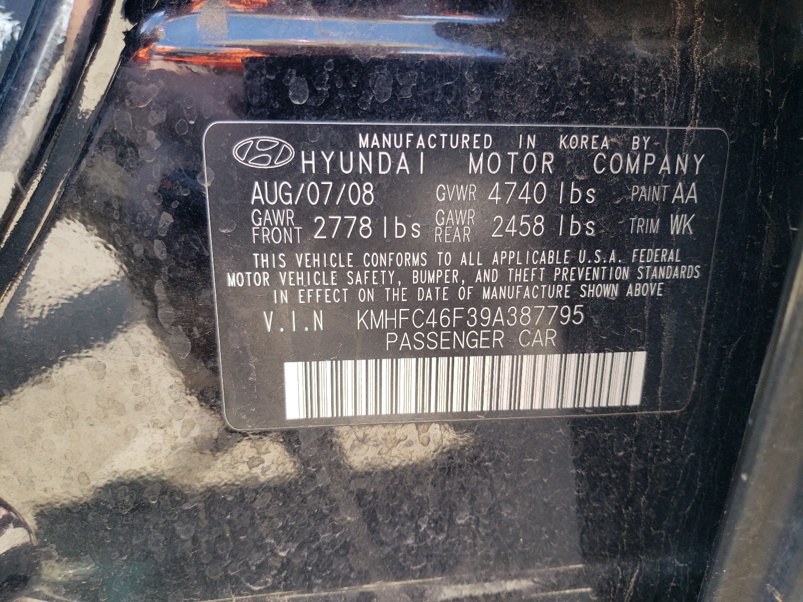 KMHFC46F39A387795 2009 Hyundai Azera Se