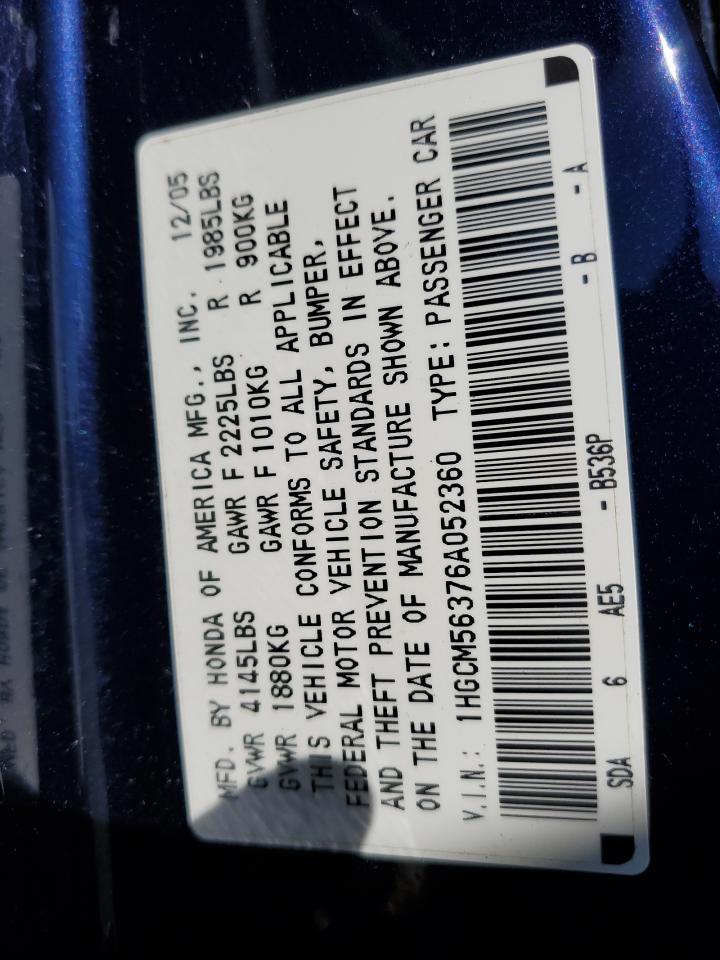 2006 Honda Accord Se VIN: 1HGCM56376A052360 Lot: 61011354
