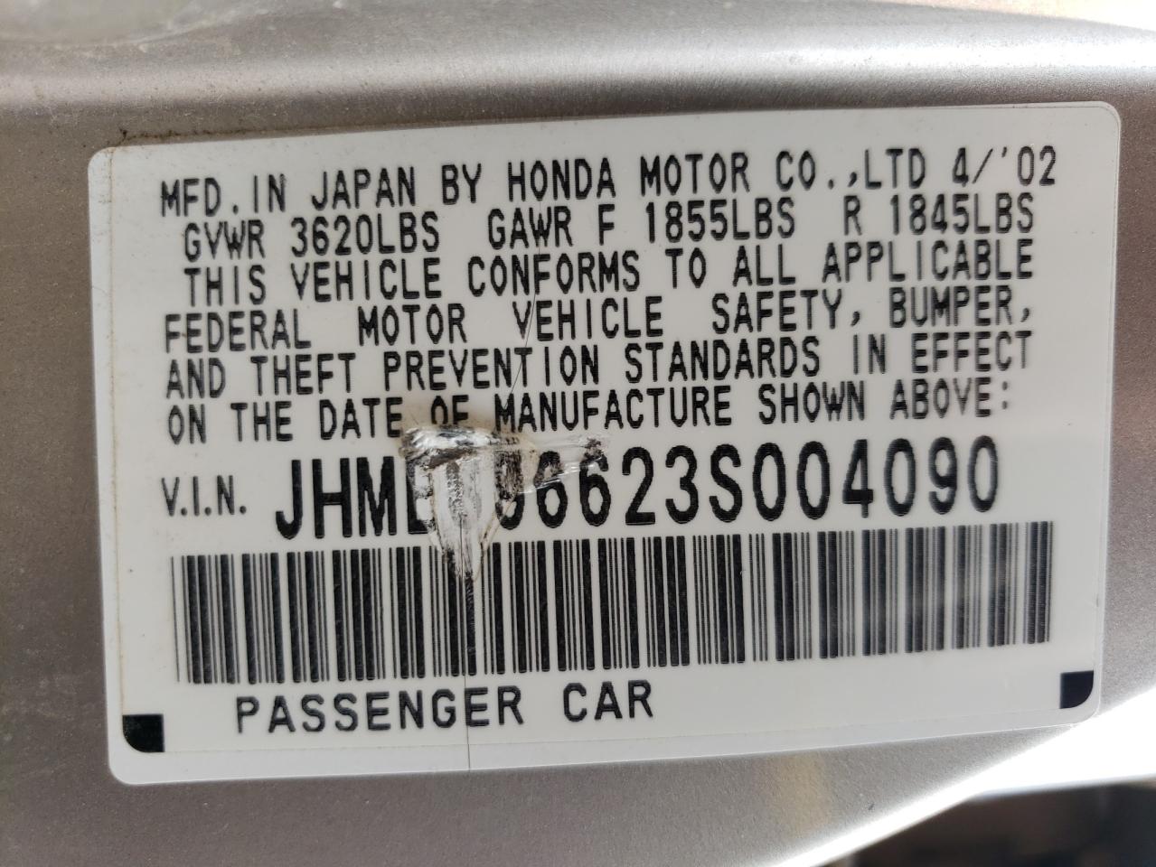2003 Honda Civic Hybrid VIN: JHMES96623S004090 Lot: 63343944