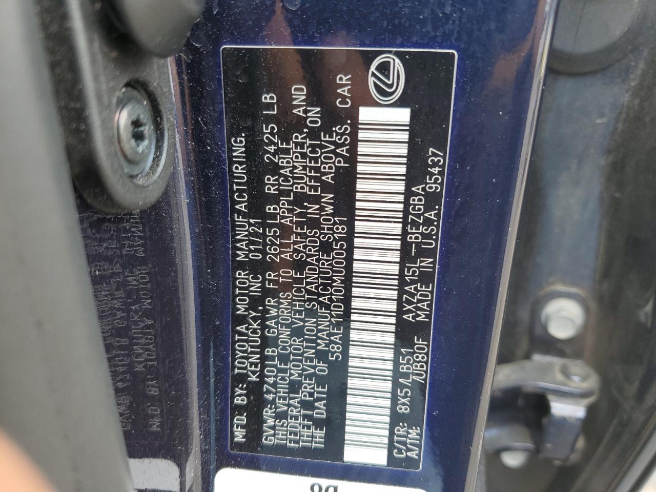 2021 Lexus Es 250 Base VIN: 58AE11D10MU005181 Lot: 65268834