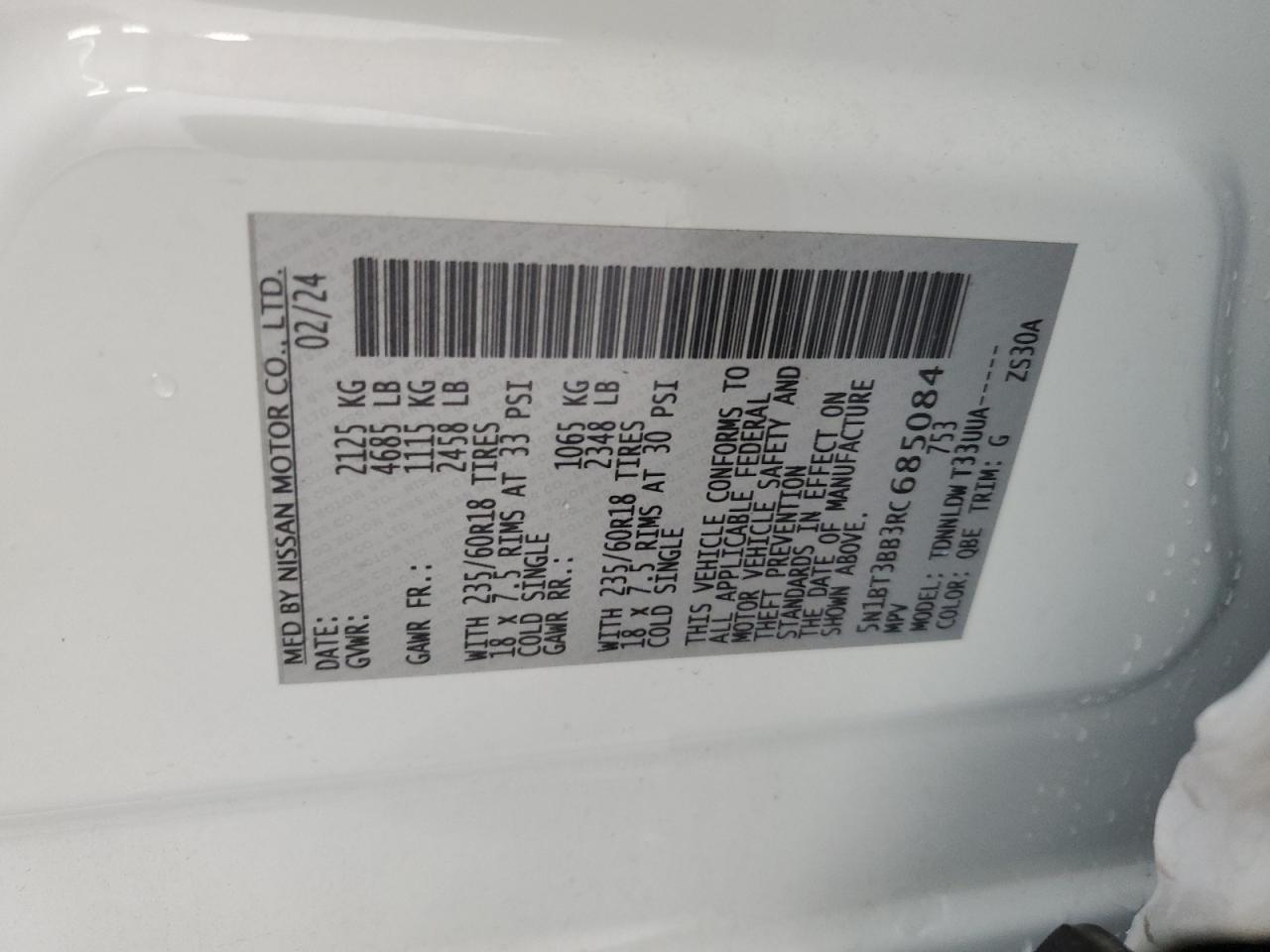 2024 Nissan Rogue Sv VIN: 5N1BT3BB3RC685084 Lot: 64509924