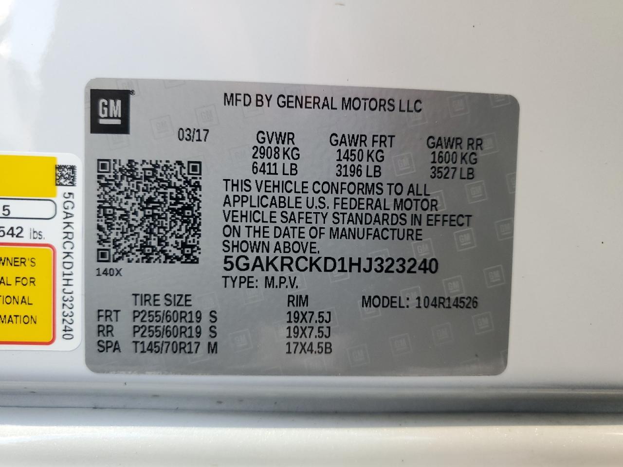 2017 Buick Enclave VIN: 5GAKRCKD1HJ323240 Lot: 65394384