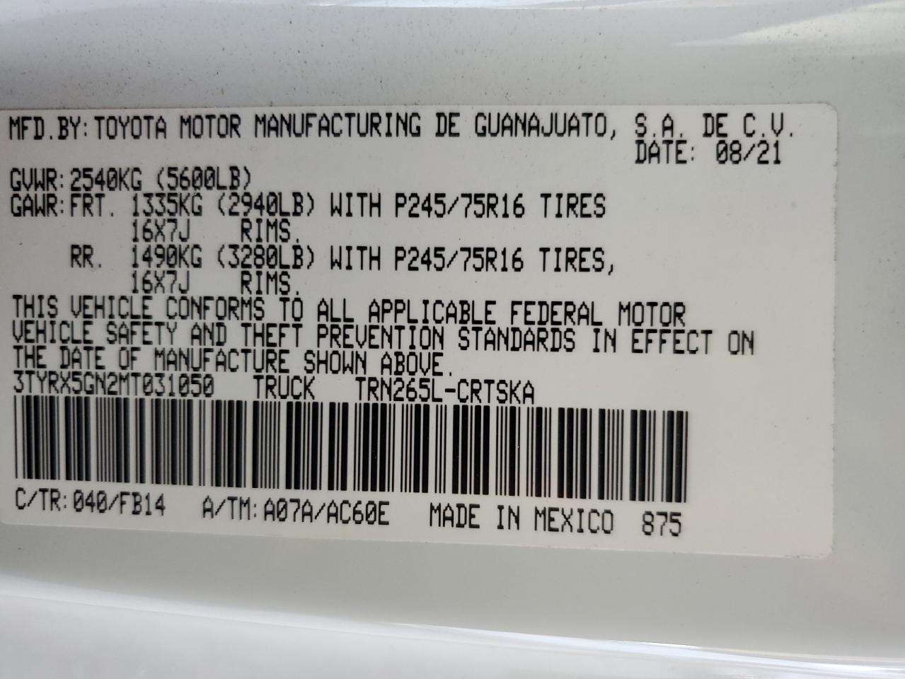 2021 Toyota Tacoma Access Cab VIN: 3TYRX5GN2MT031050 Lot: 63806334