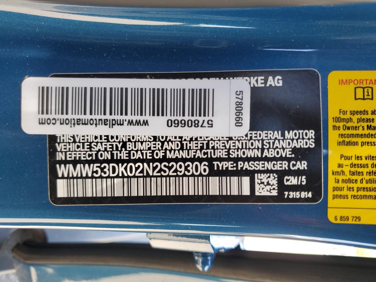 2022 Mini Cooper S VIN: WMW53DK02N2S29306 Lot: 59711004