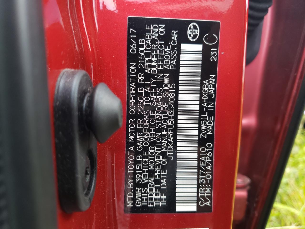 2017 Toyota Prius VIN: JTDKARFU5H3540815 Lot: 62557624