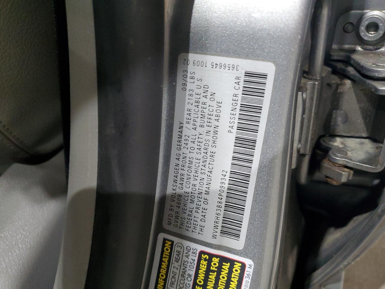 2004 Volkswagen Passat Glx VIN: WVWRH63B84P099342 Lot: 62644104