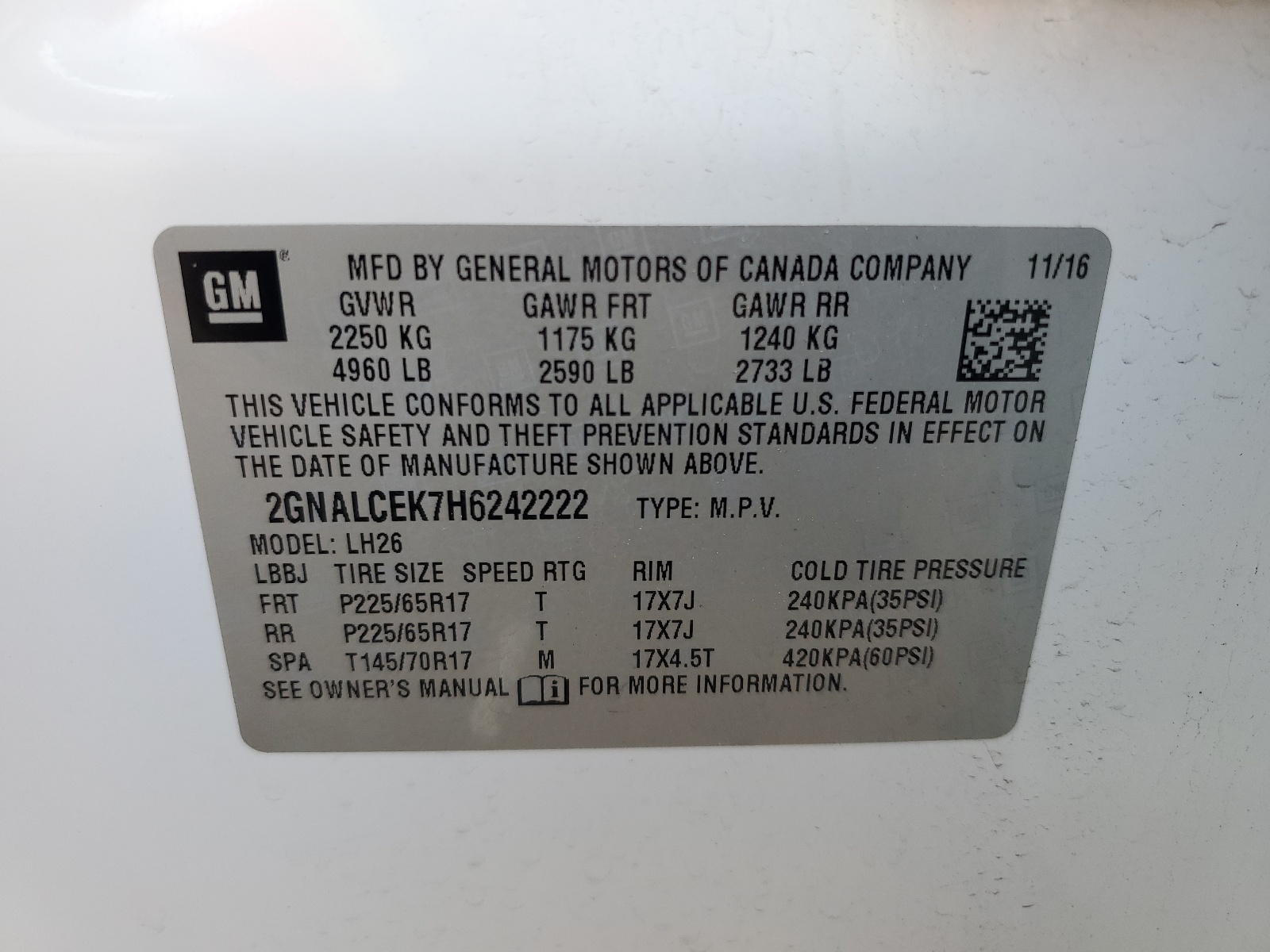 2GNALCEK7H6242222 2017 Chevrolet Equinox Lt