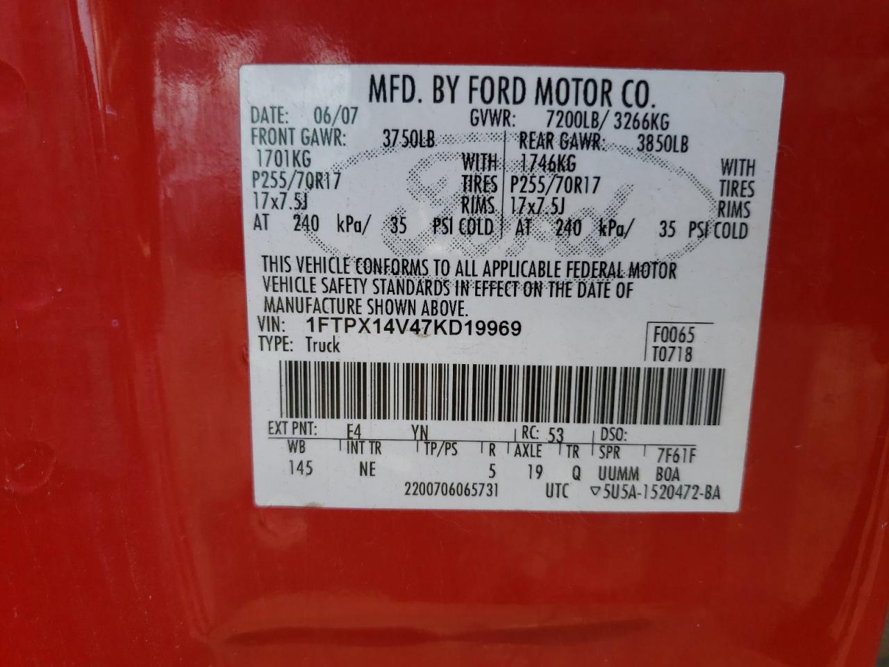 2007 Ford F150 VIN: 1FTPX14V47KD19969 Lot: 64504324
