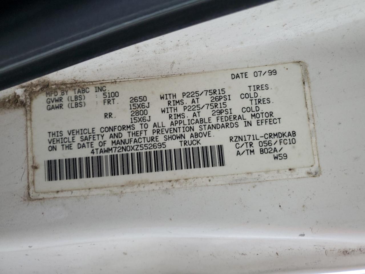 1999 Toyota Tacoma Xtracab VIN: 4TAWM72N0XZ552695 Lot: 60146554