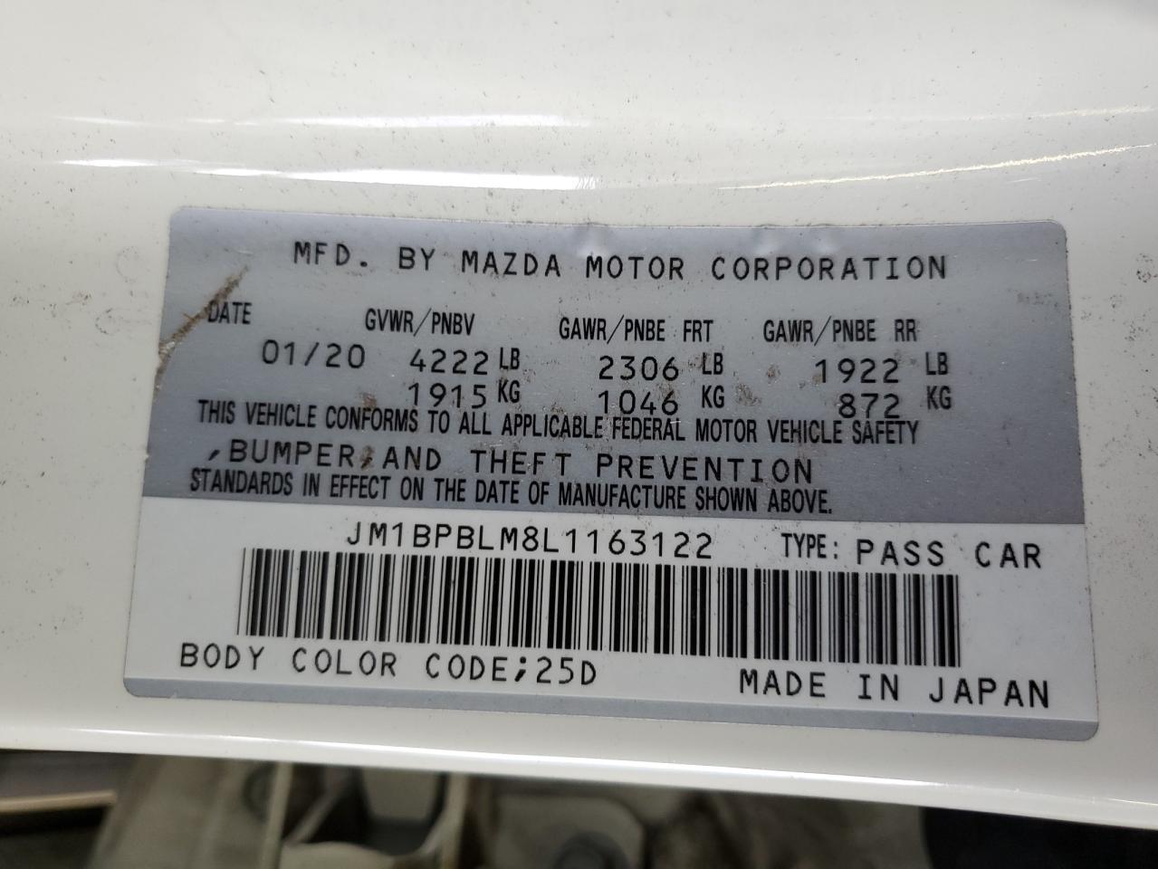 2020 Mazda 3 VIN: JM1BPBLM8L1163122 Lot: 64382774