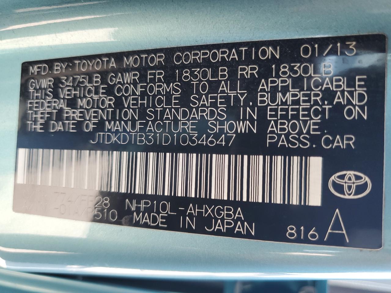 JTDKDTB31D1034647 2013 Toyota Prius C