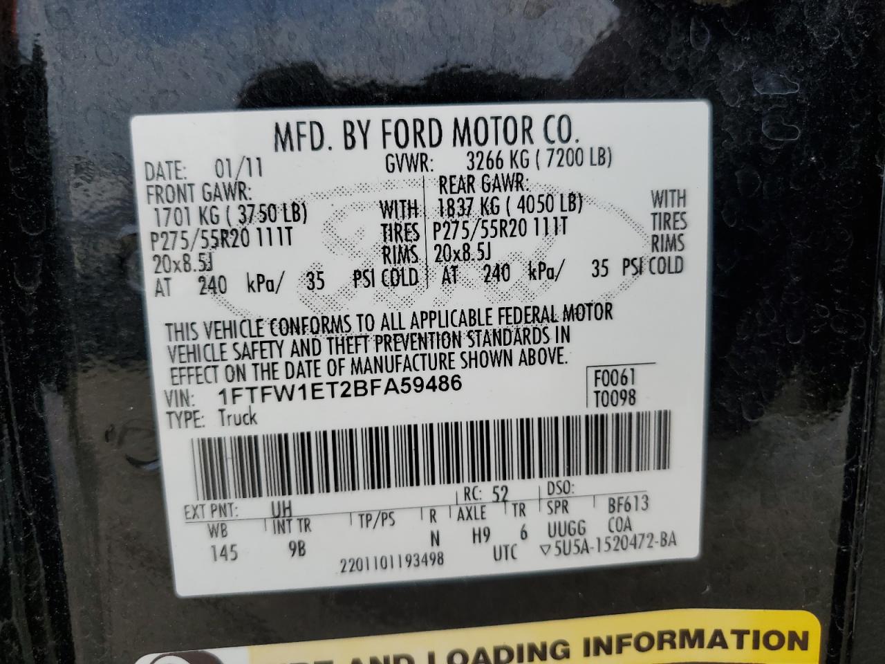 1FTFW1ET2BFA59486 2011 Ford F150 Supercrew