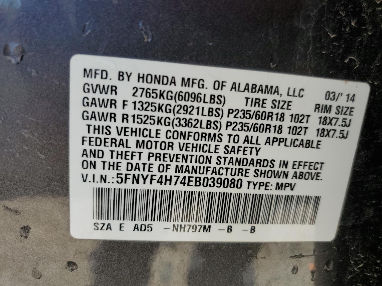 2014 Honda Pilot Exln VIN: 5FNYF4H74EB039080 Lot: 61930594