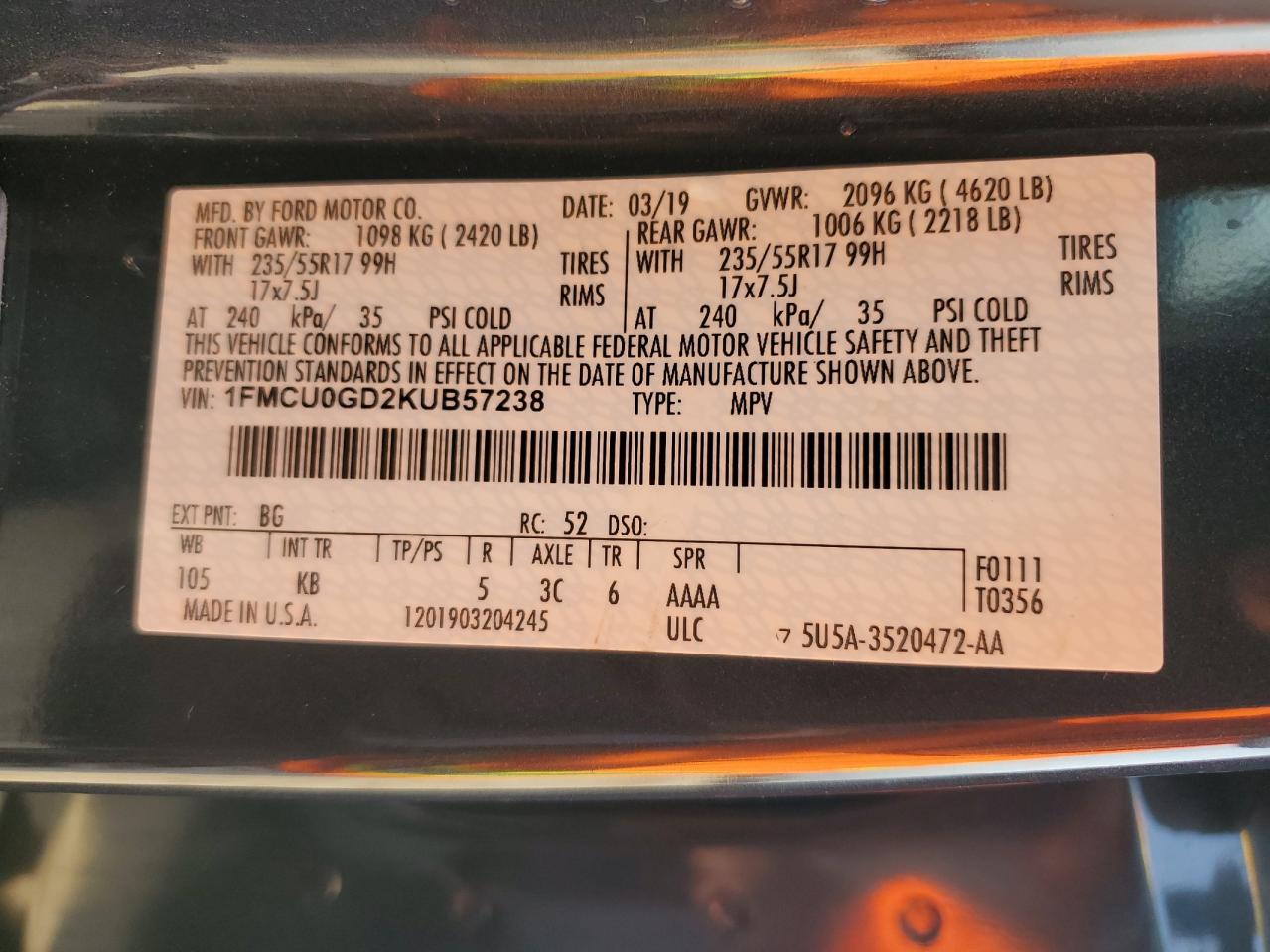 2019 Ford Escape Se VIN: 1FMCU0GD2KUB57238 Lot: 63659954