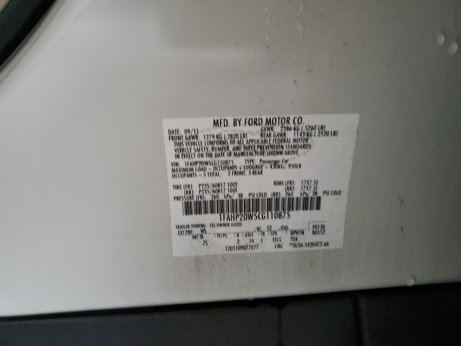 1FAHP2DW5CG110875 2012 Ford Taurus Se