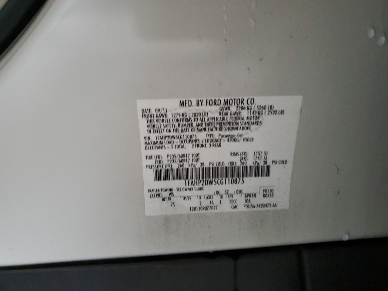 2012 Ford Taurus Se VIN: 1FAHP2DW5CG110875 Lot: 63339344