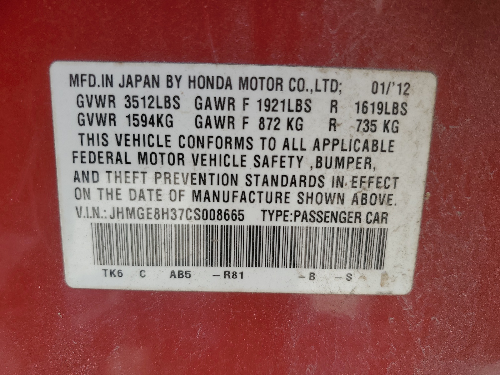 JHMGE8H37CS008665 2012 Honda Fit